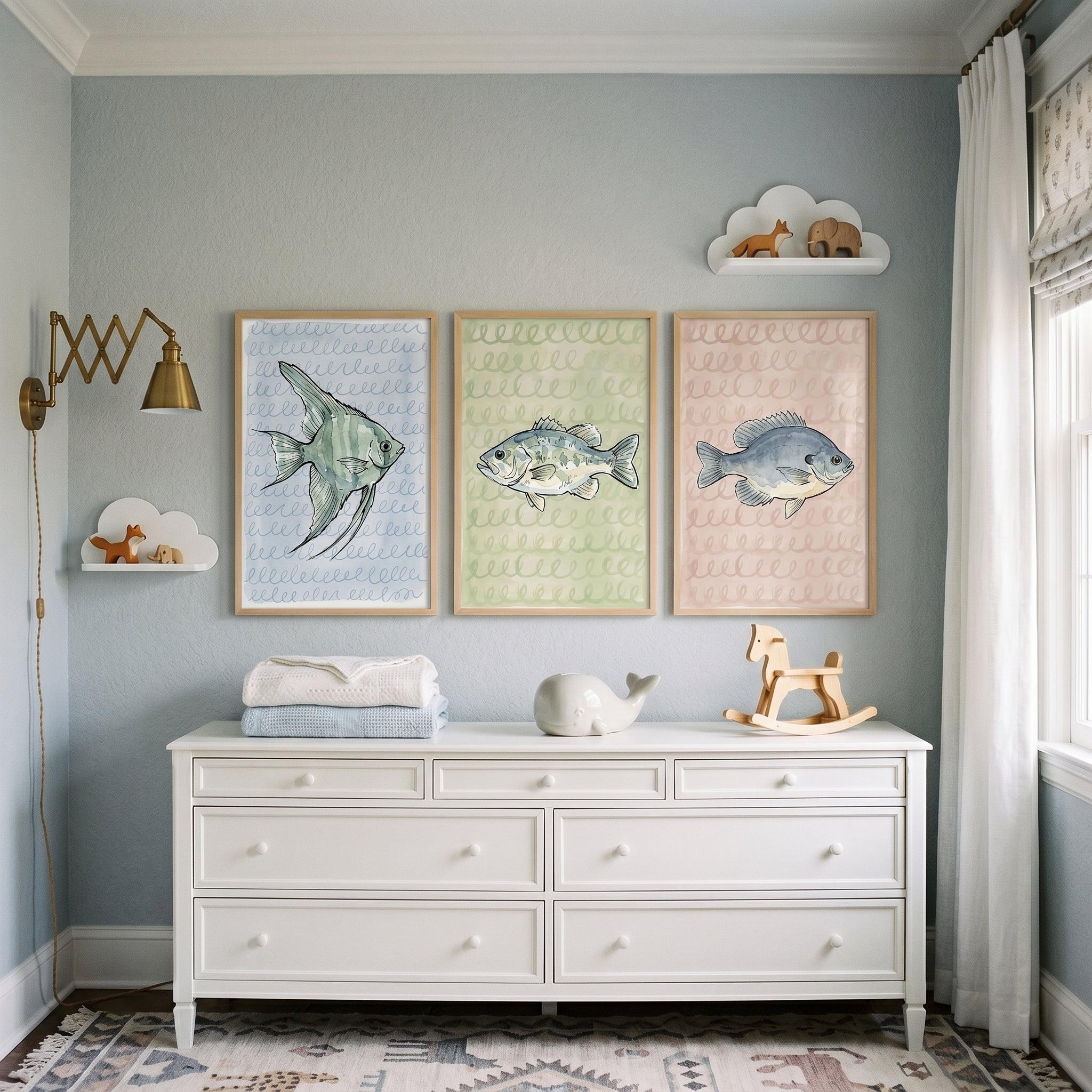 Pastel Watercolor Swirl Fish Wall Art Set of 3 - Watercolor Fish Trio