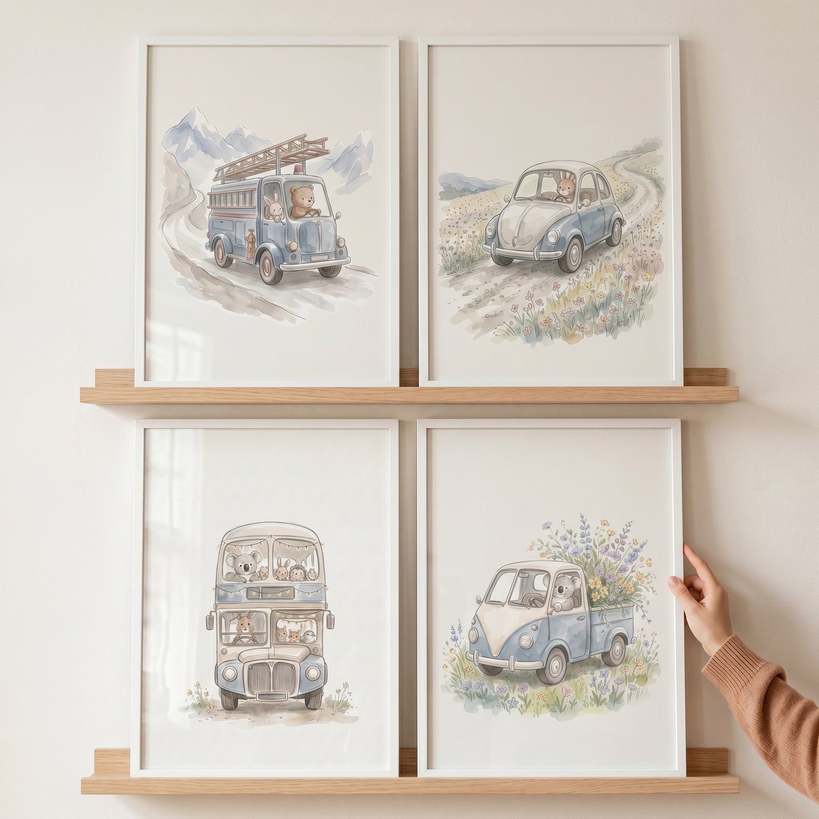Pastel watercolor traveling animals wall art set of 4 features cute animals in blue vehicles on wooden wall shelves.