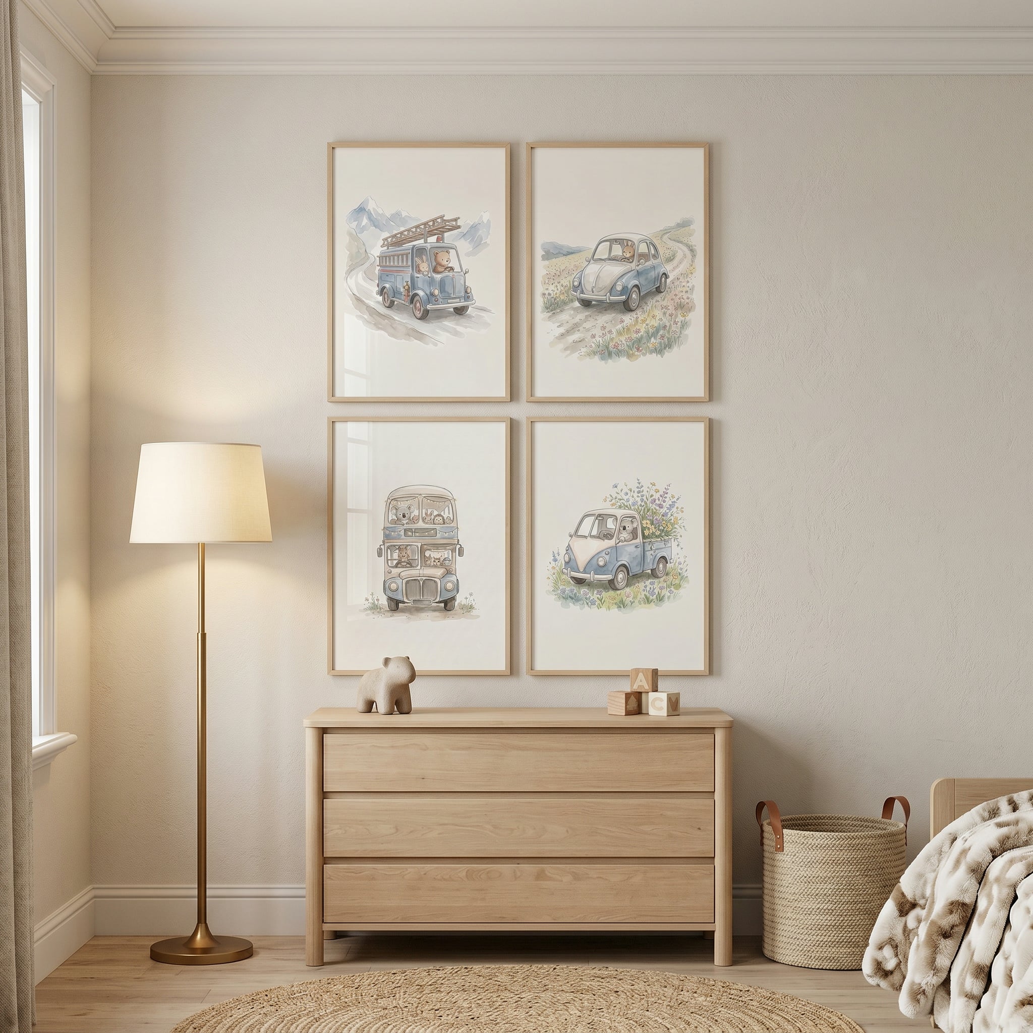 Pastel Watercolor Traveling Animals Wall Art Set of 4 - Little Blue Adventures