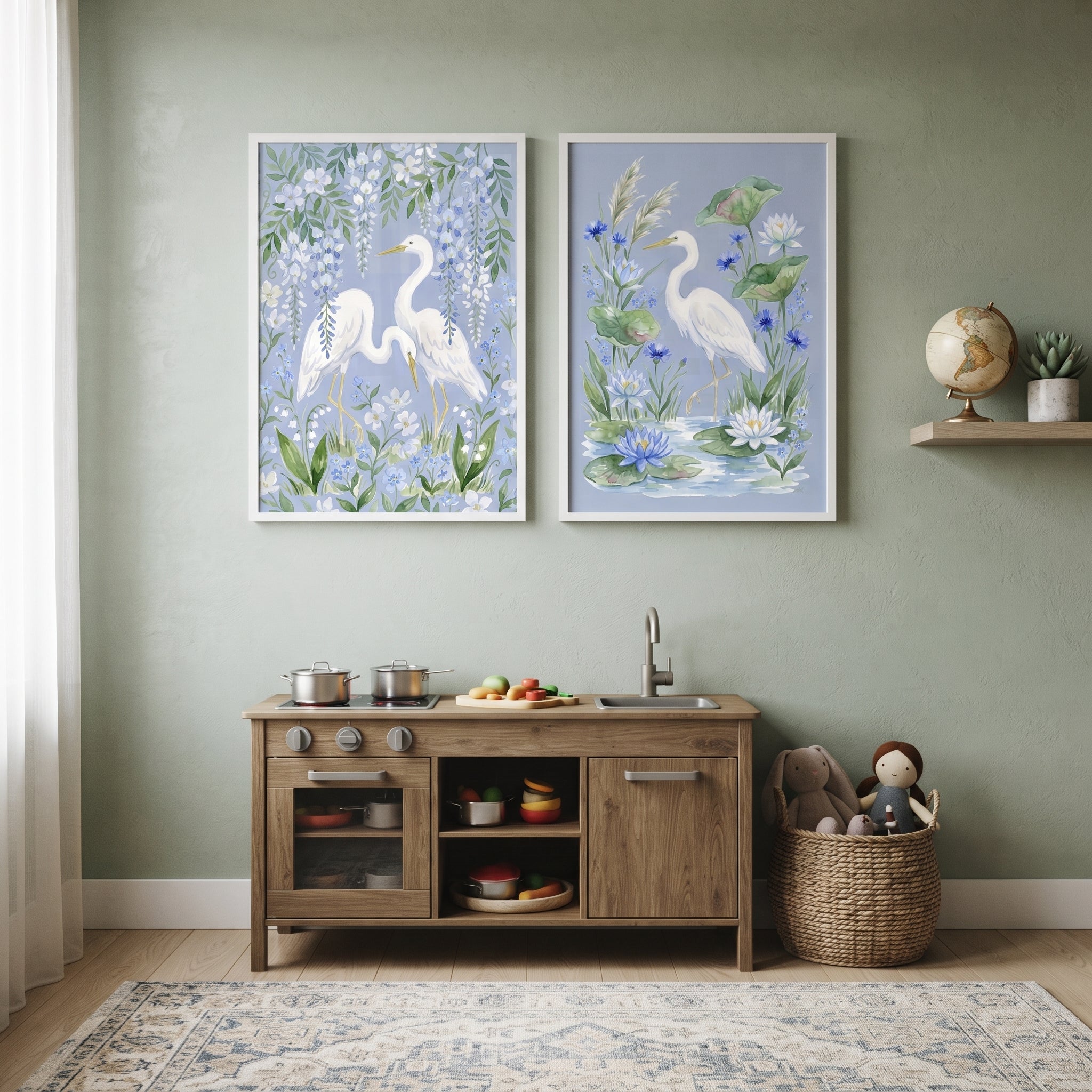 Pastel Watercolor White Egret Bird Wall Art Set of 2 - Serene Egret Duo