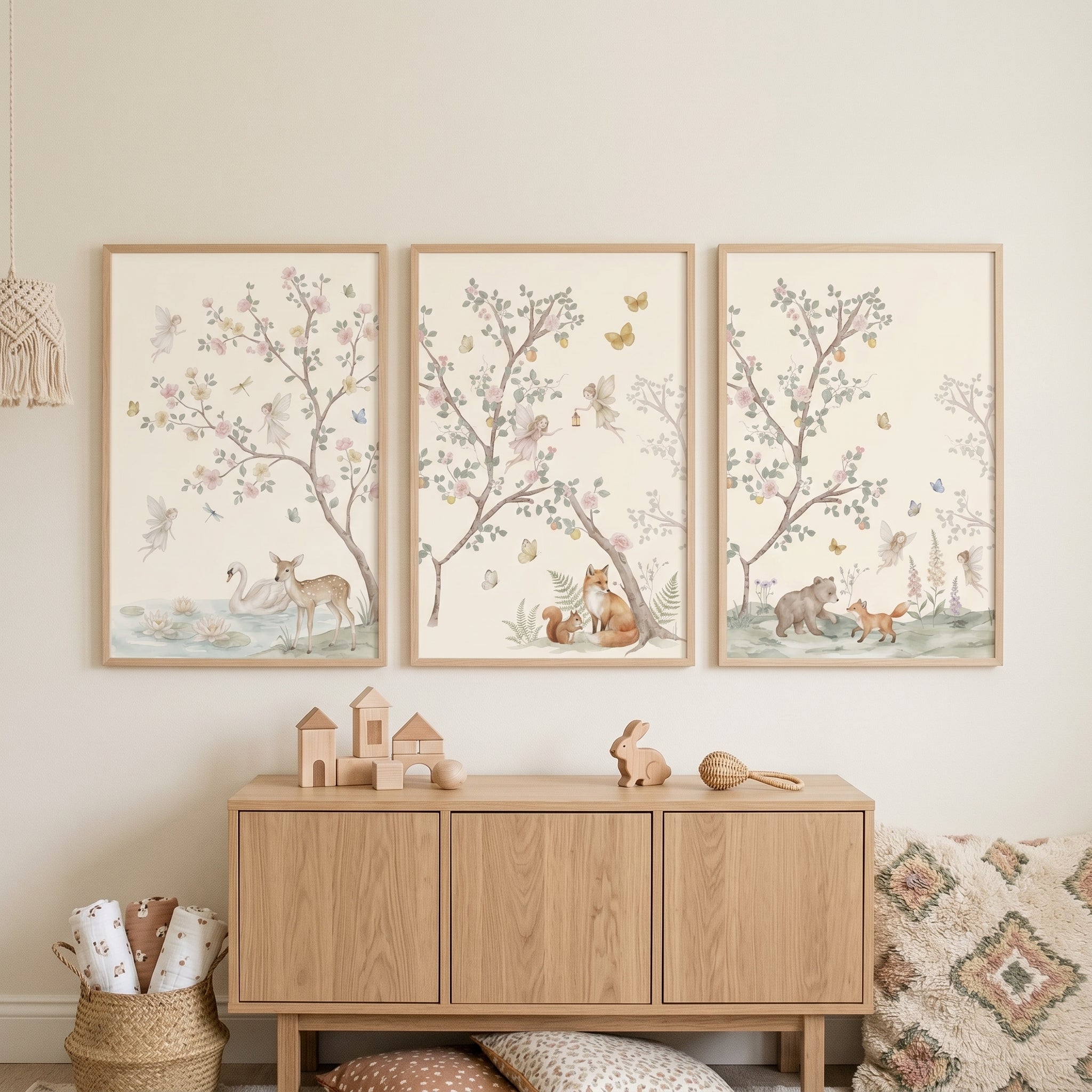 Pastel Watercolor Woodland Fairies Wall Art Set of 3 - Magical Meadow Tales