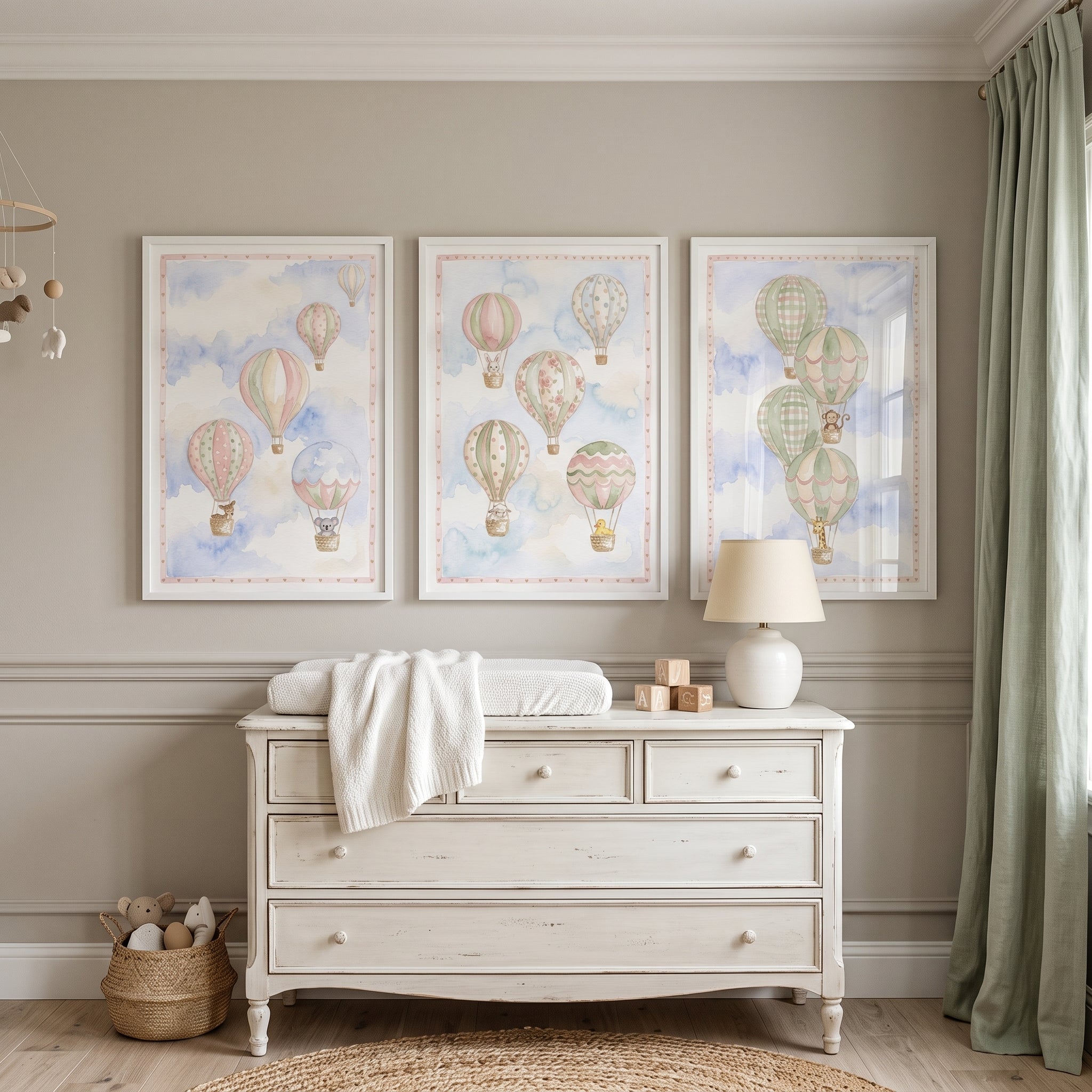 Pastel Whimsical Animal Balloon Artwork Set Of 3 - Whimsical Sky Voyage
