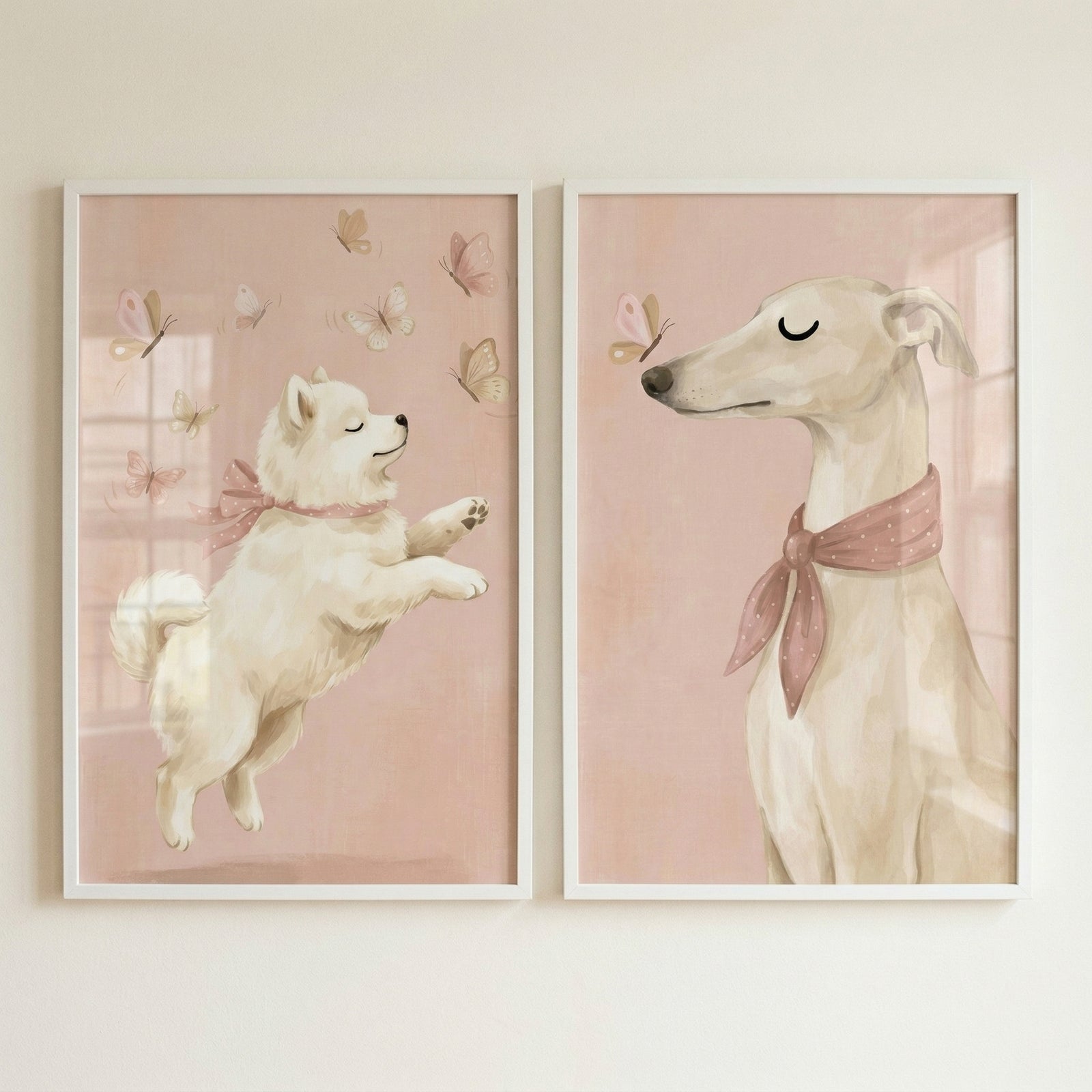 This set of two framed illustrations features gentle depictions of dogs in a whimsical style. Each panel has a soft, pale pink background. 

The illustration on the left shows a fluffy white dog jumping into the air with its eyes closed, wearing a delicate pink bow. It is surrounded by several fluttering butterflies in shades of pink and tan. 
