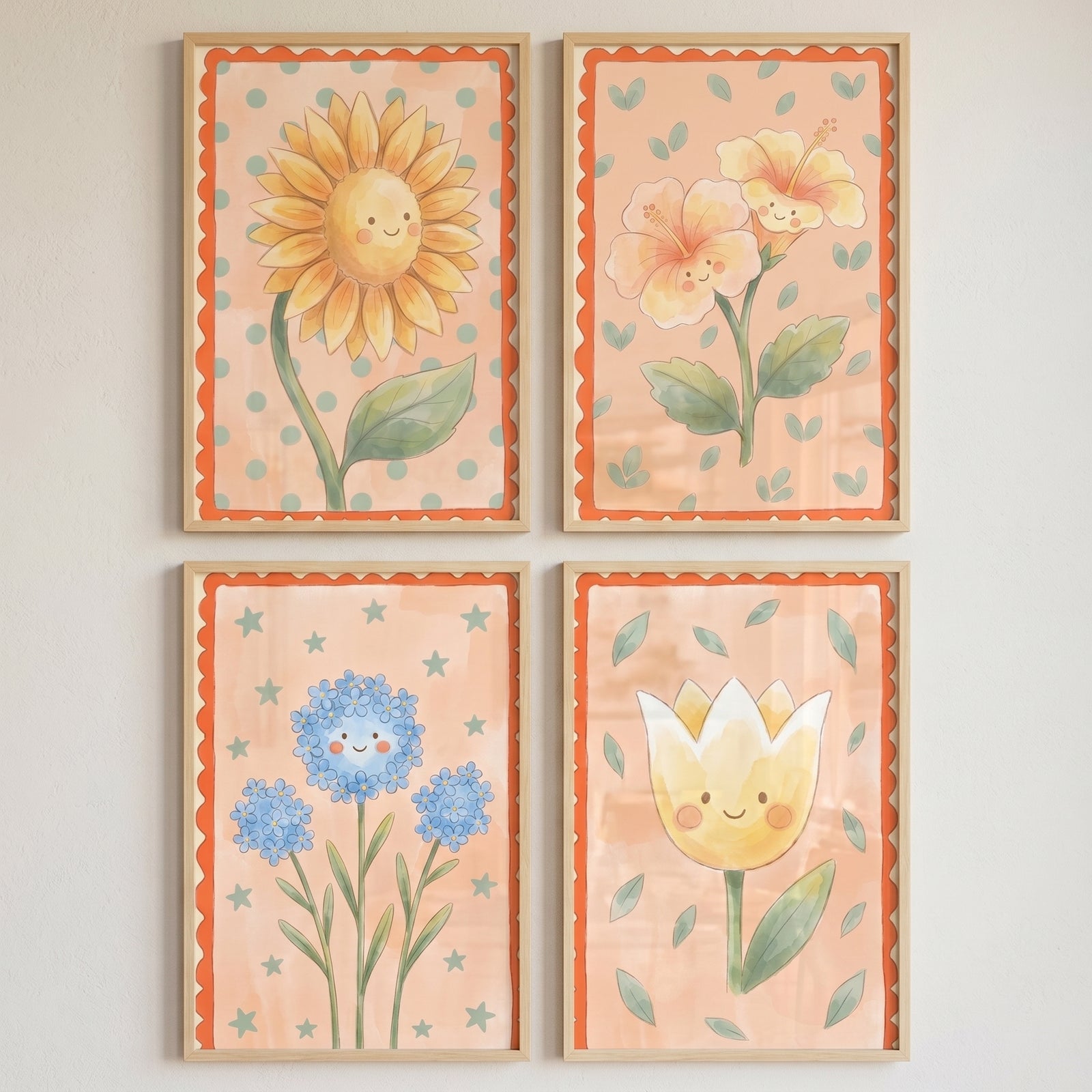 Pastel whimsical smiling flower wall art set of 4 featuring a sunflower, hibiscus, blue hydrangeas, and a tulip in frames.