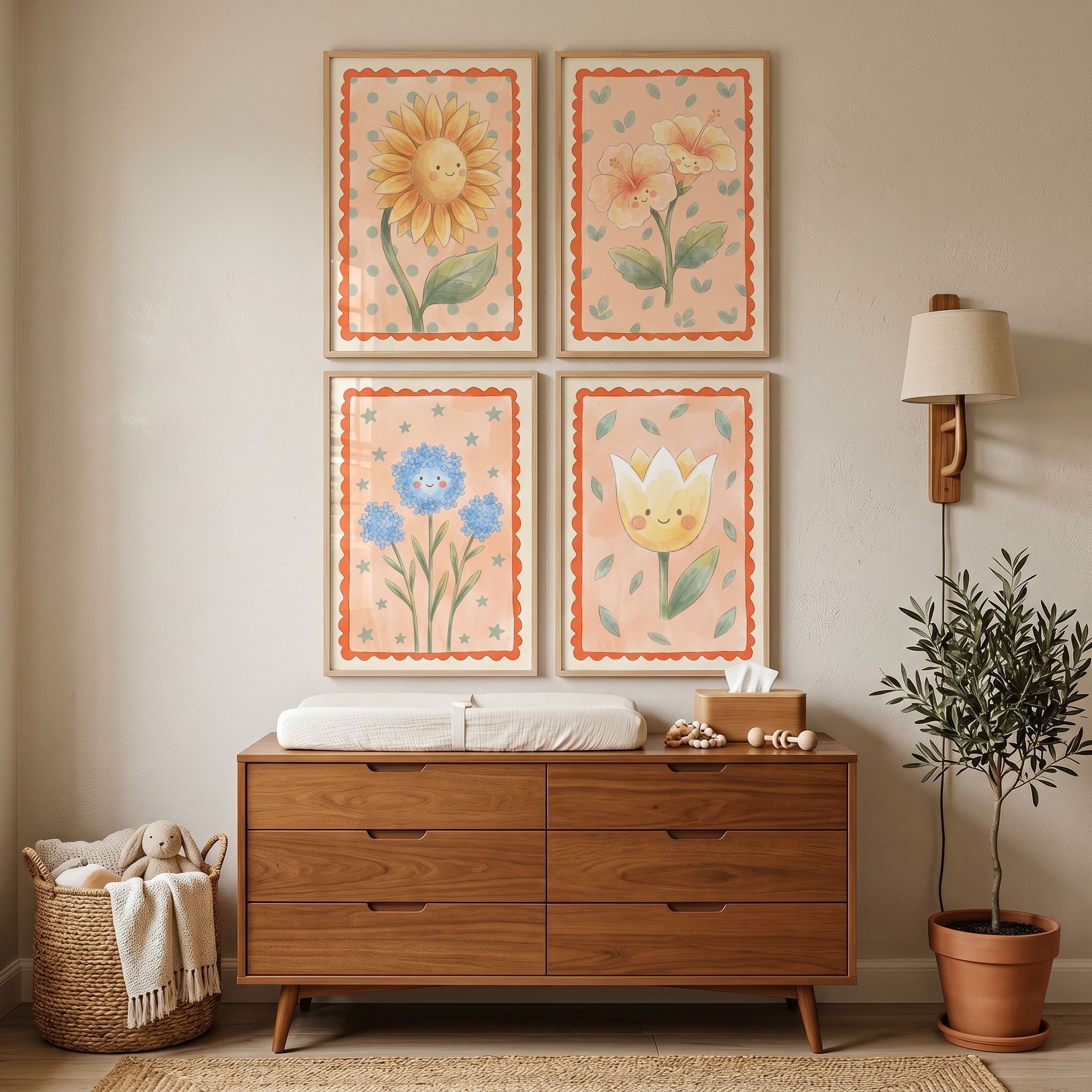 Pastel Whimsical Smiling Flower Wall Art Set of 4 - Smiling Garden Pals