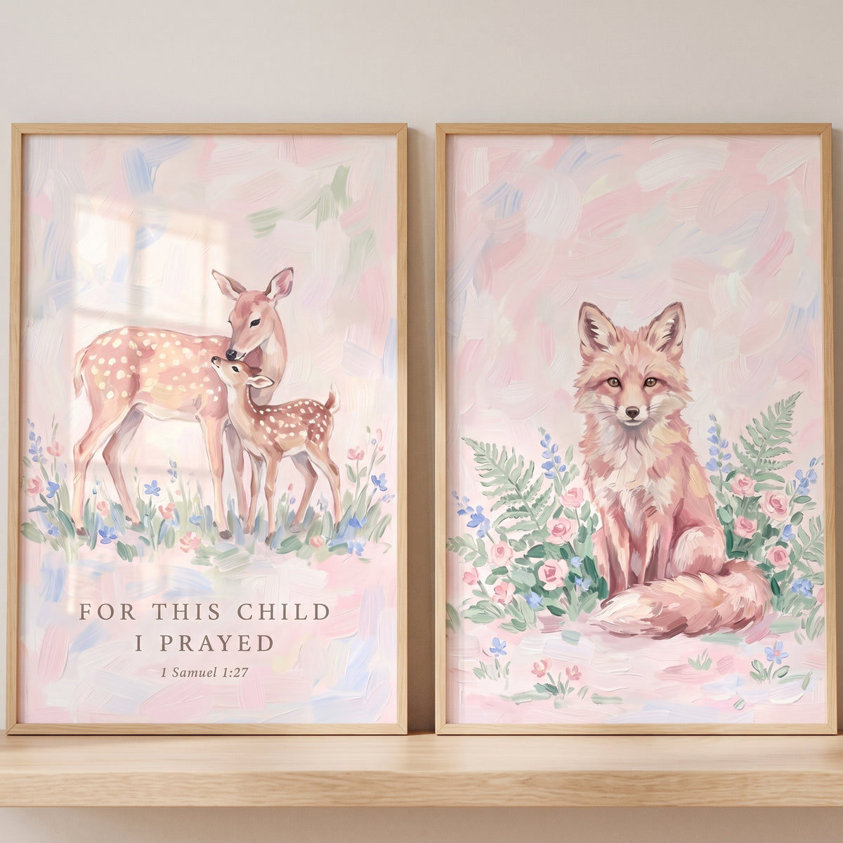 Pastel wildflower forest animals wall art set of 2 featuring a deer with fawn, a fox, and a religious scripture verse.