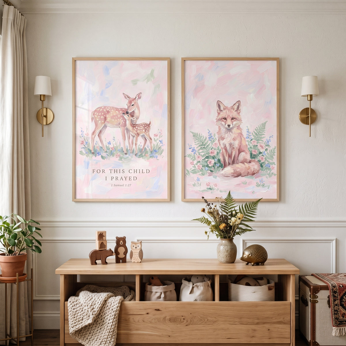Pastel Wildflower Forest Animals Wall Art Set of 2 - Gentle Woodland Grace