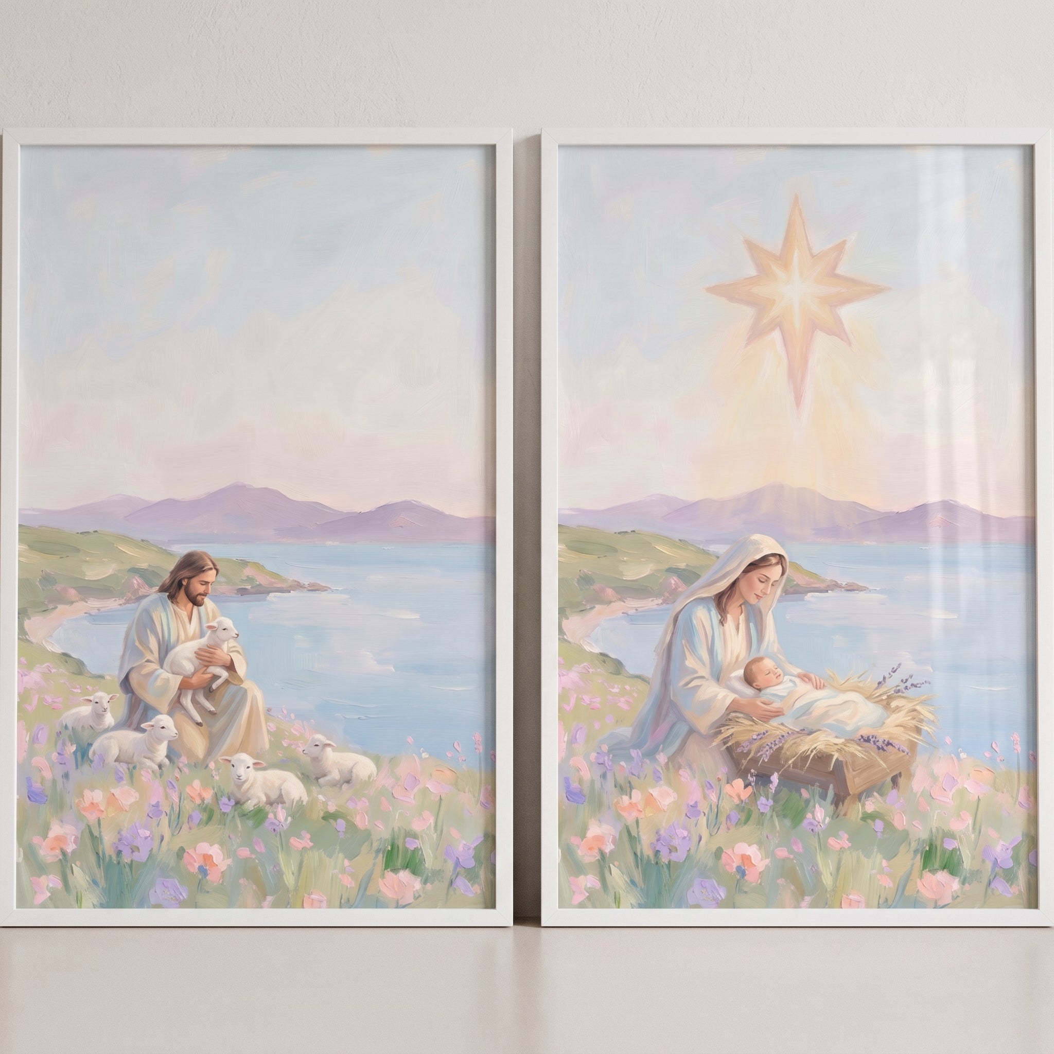 Pastel Wildflower Jesus Wall Art Set of 2 - Jesus Christ Shepherd