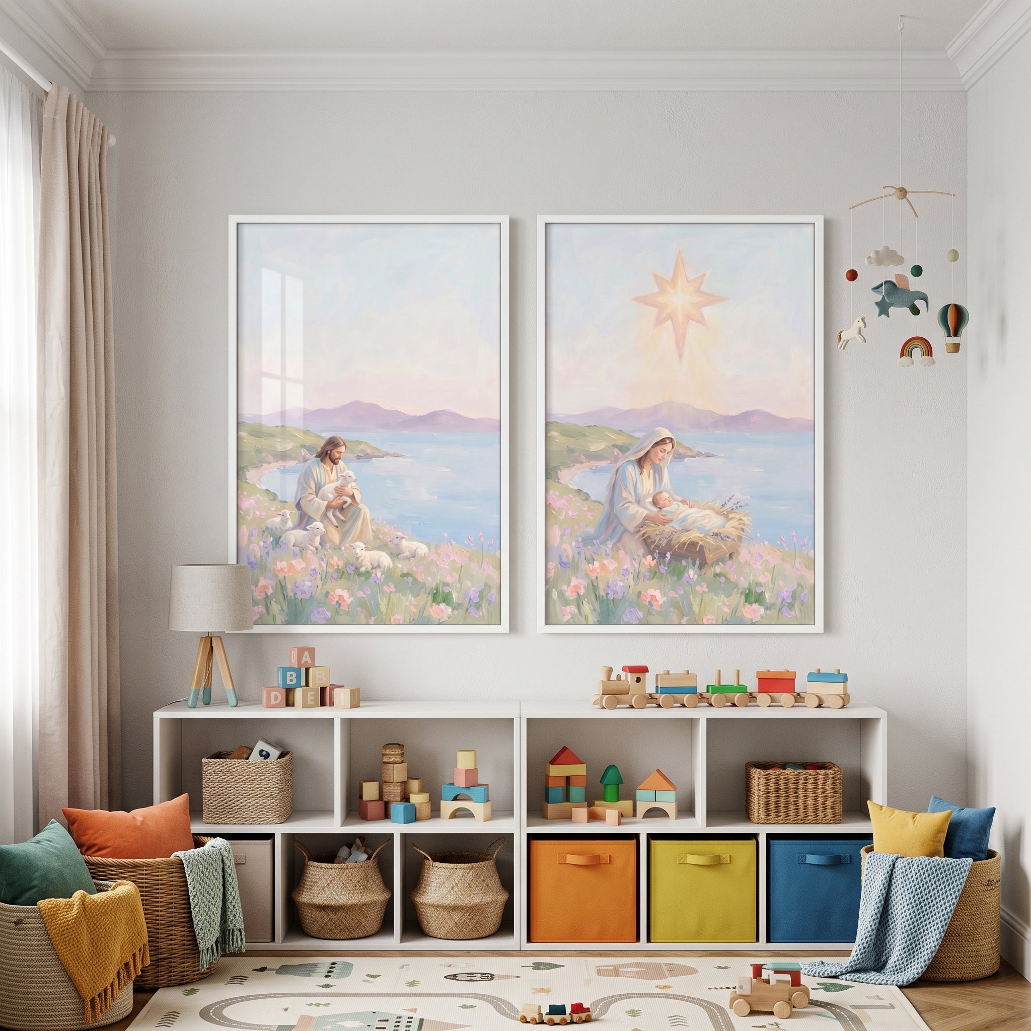 Pastel Wildflower Jesus Wall Art Set of 2 - Jesus Christ Shepherd