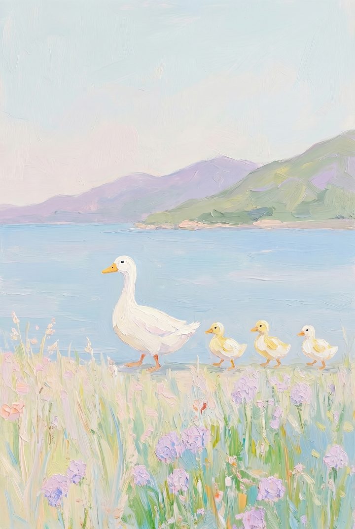 White mother duck and yellow ducklings walk in a pastel wildflower meadow duck wall art scene with mountains and water.