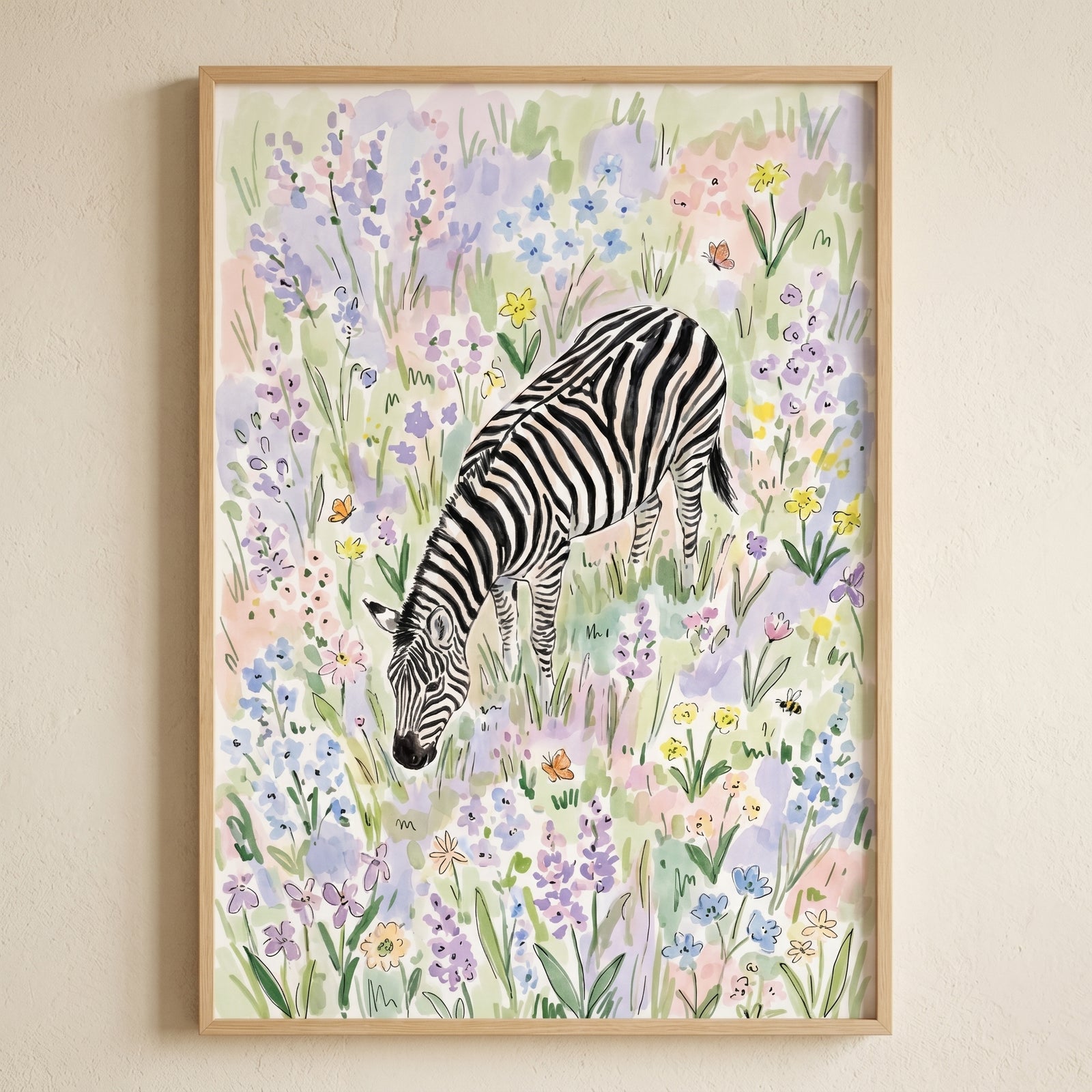 Pastel wildflower meadow zebra wall art shows a zebra grazing in a field of soft purple, blue, and yellow flowers.