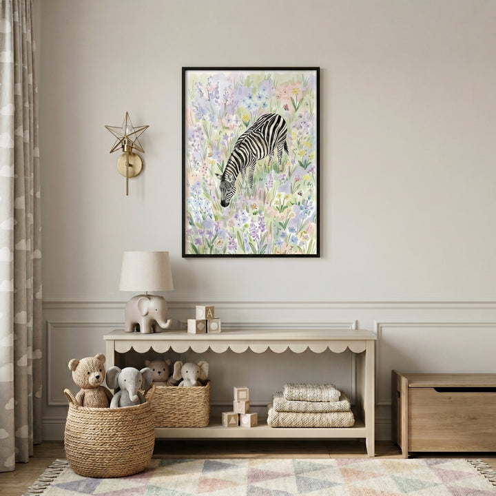 Pastel wildflower meadow zebra wall art hangs in a nursery above a scalloped console table with toys and baskets.