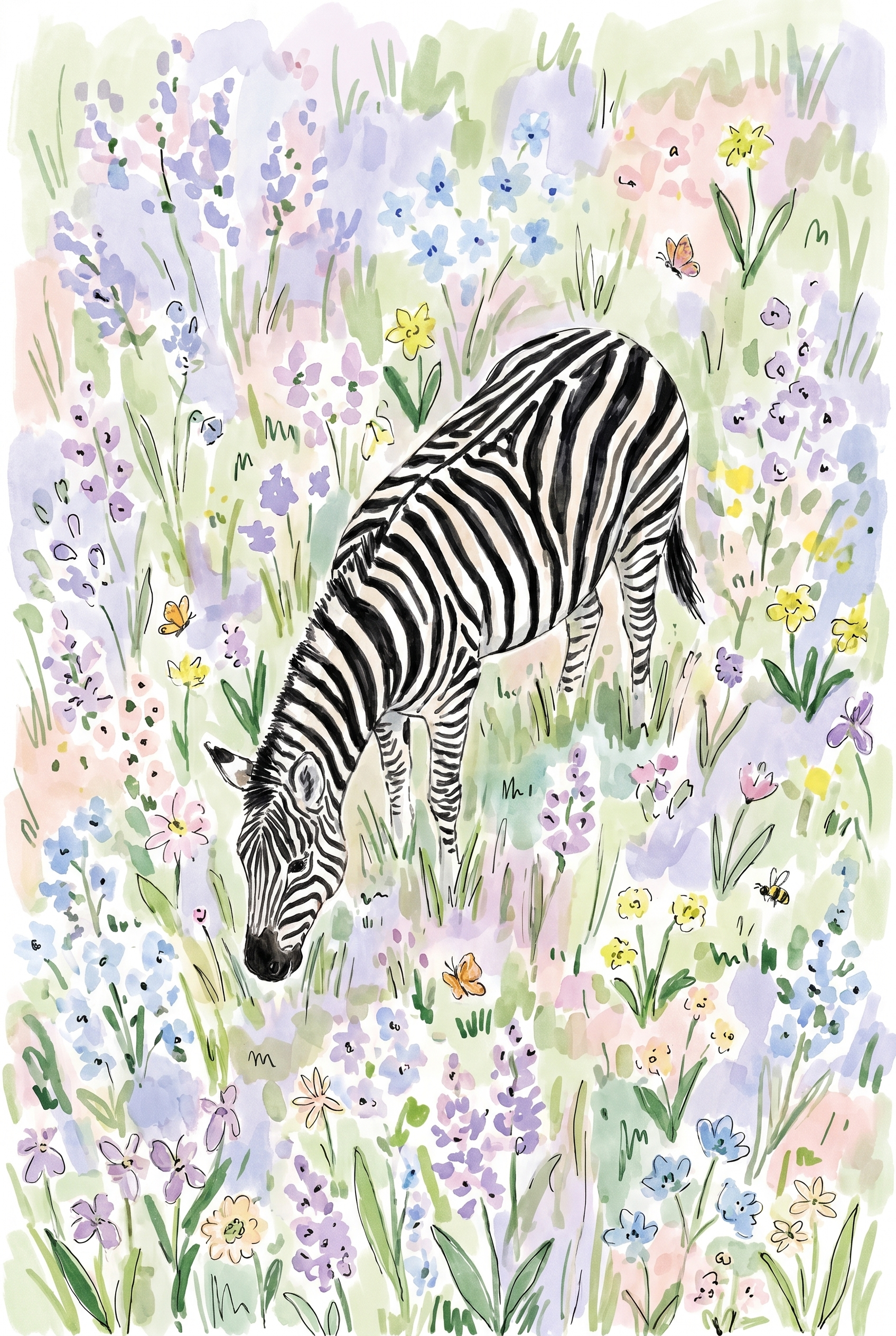 Pastel Wildflower Meadow Zebra Wall Art - Striped Garden Bliss