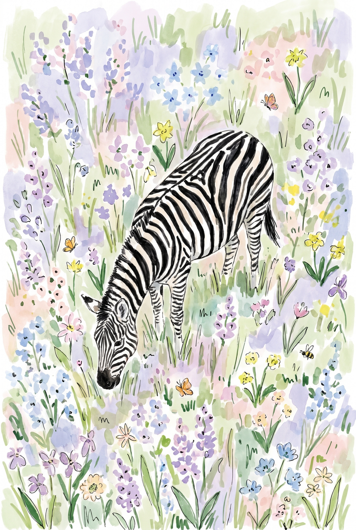 A striped zebra grazes among blossoms in this pastel wildflower meadow zebra wall art with butterflies and bees.