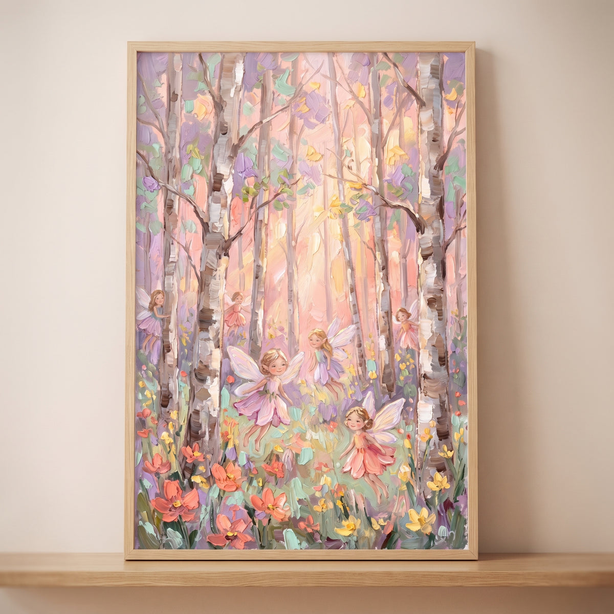 Framed pastel woodland fairy wall art shows winged fairies flying in a birch tree forest among colorful wildflowers.