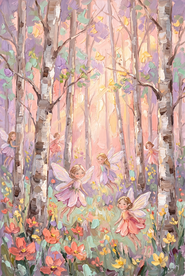 Small fairies fly through a grove of birch trees and bright flowers in this pastel woodland fairy wall art.