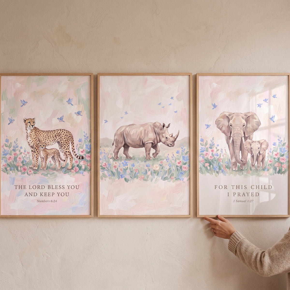 Pastoral Bird Safari Animals Wall Art Set Of 3 - Faithful Savanna Friends