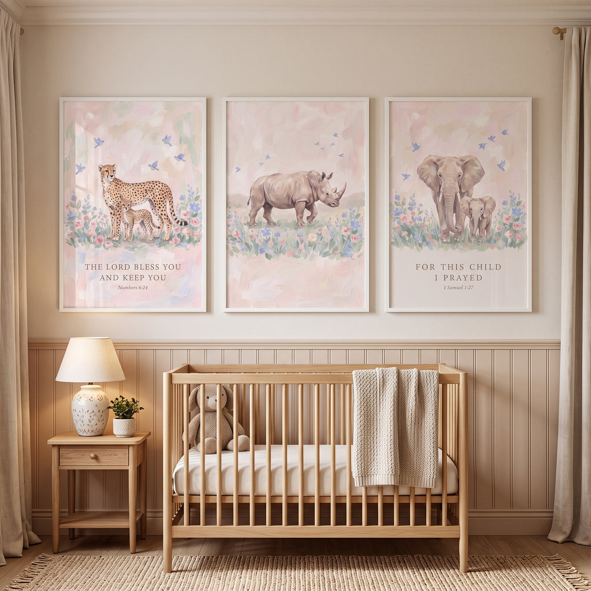 Pastoral Bird Safari Animals Wall Art Set Of 3 - Faithful Savanna Friends