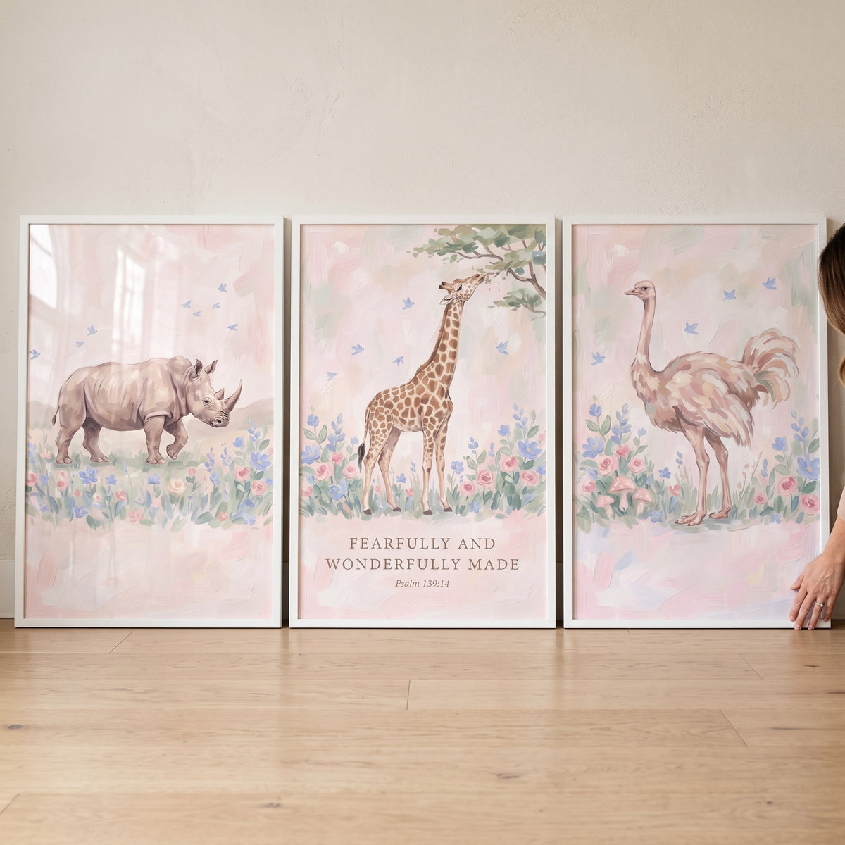 Pastoral Floral Safari Animals Artwork Set of 3 - Gentle Savannah Art