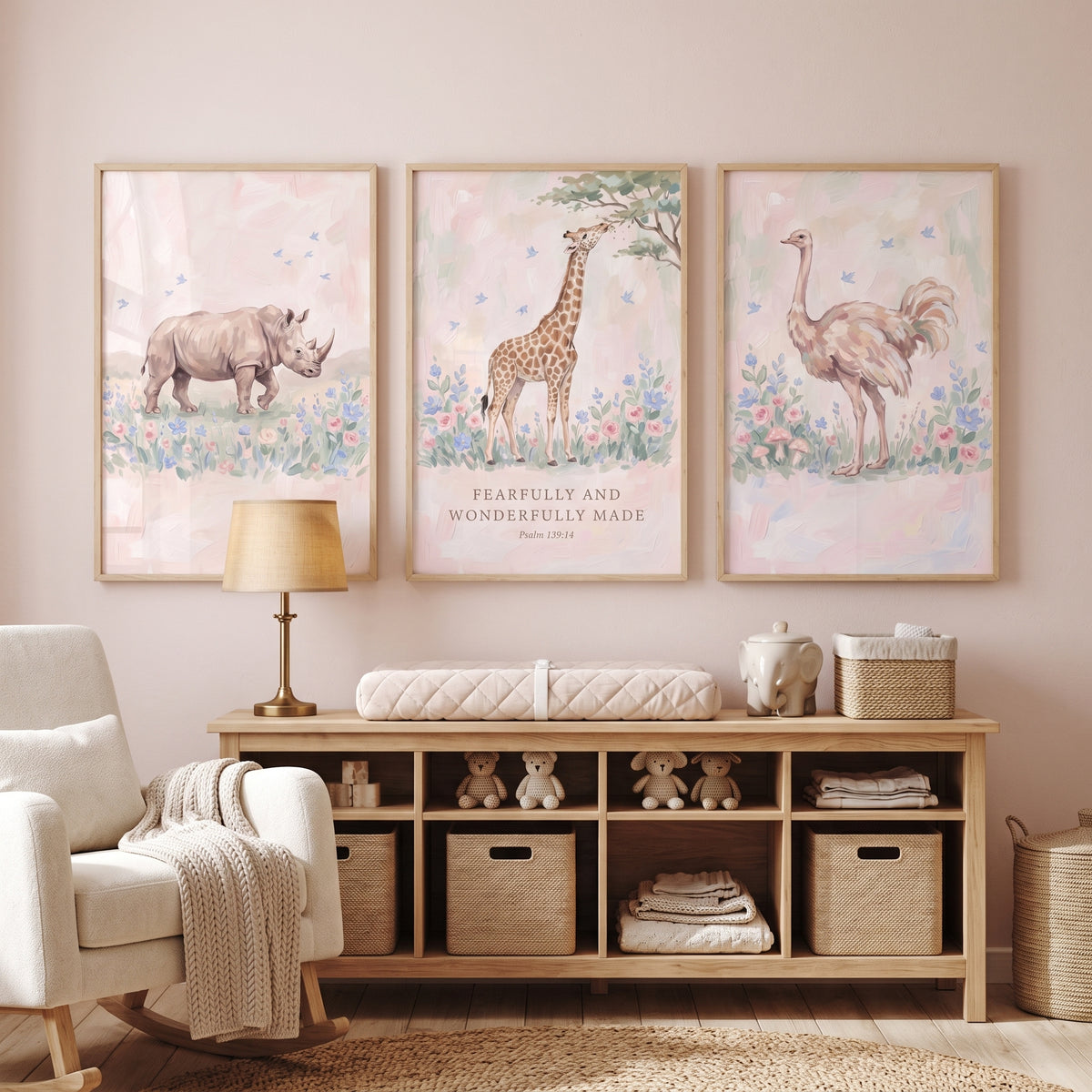 Pastoral Floral Safari Animals Artwork Set of 3 - Gentle Savannah Art