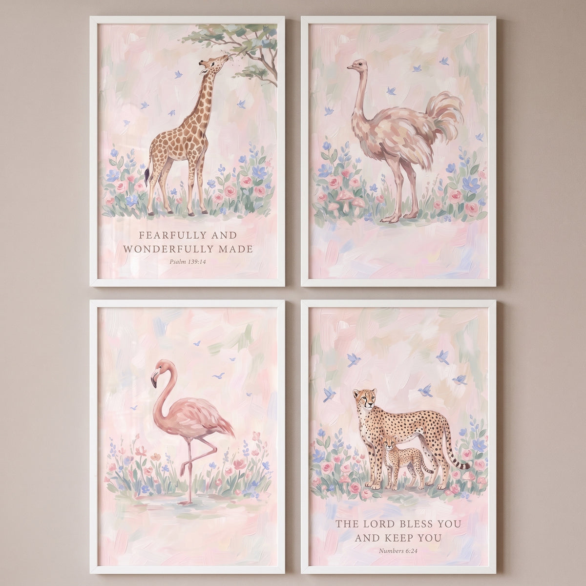 Pastoral garden safari animals wall art set of 4 featuring a giraffe, ostrich, flamingo, cheetahs, and scripture.