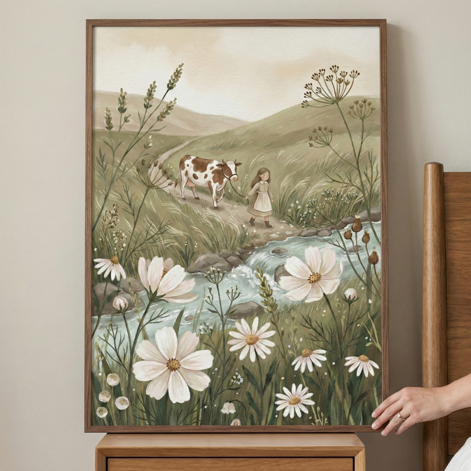 A framed illustration depicts a tranquil countryside scene. A young girl with long brown hair, wearing a simple dress and white apron, walks along a path leading a brown and white spotted cow with a rope. They traverse a lush meadow with rolling green hills in the distance. In the foreground, large white wildflowers with yellow centers grow beside a small, winding blue stream. The entire artwork is rendered in soft, earthy tones, set within a thin wooden frame on a wooden surface.