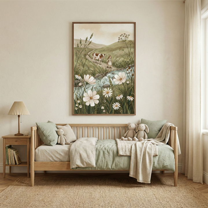A large framed illustration of a pastoral landscape hangs above a light wood daybed in a cozy room. The artwork shows tall white daisies, a small stream, and a girl walking with a spotted cow through green hills. The bed is dressed in sage green and cream linens with several plush bunny toys. A matching wooden side table holds a lamp and books. Soft, natural light fills the space, complemented by a woven rug and long neutral curtains.