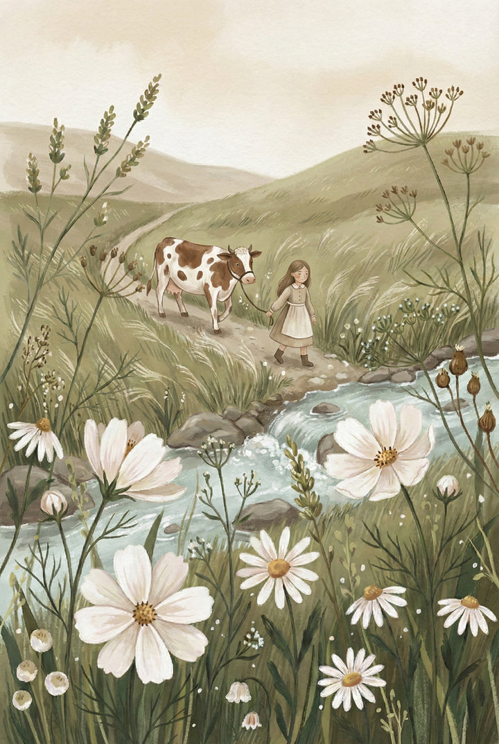 A whimsical folk art illustration of a pastoral landscape. In the foreground, large white wildflowers and tall, slender grasses frame the view. A small, bubbling stream flows past smooth rocks. In the middle ground, a young girl in a simple dress and apron leads a brown-and-white spotted cow along a dirt path. Softly rolling green hills fade into a muted sky in the distance. The artwork uses a warm, earthy palette of greens, creams, and browns, creating a peaceful and nostalgic scene.