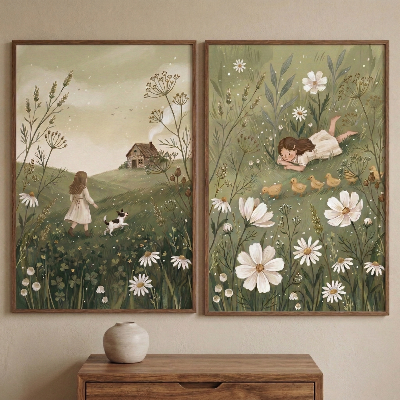 Two framed illustrations of a young girl hang on a light wall above a wooden dresser. The left image shows the girl in a white dress walking through a field of daisies with a small dog toward a cottage. The right image depicts her lying in a field of tall grass and large white flowers as a row of yellow ducklings passes by. On the dresser below sit a small deer figurine and a plush rabbit. A person in a brown dress is partially visible on the right.