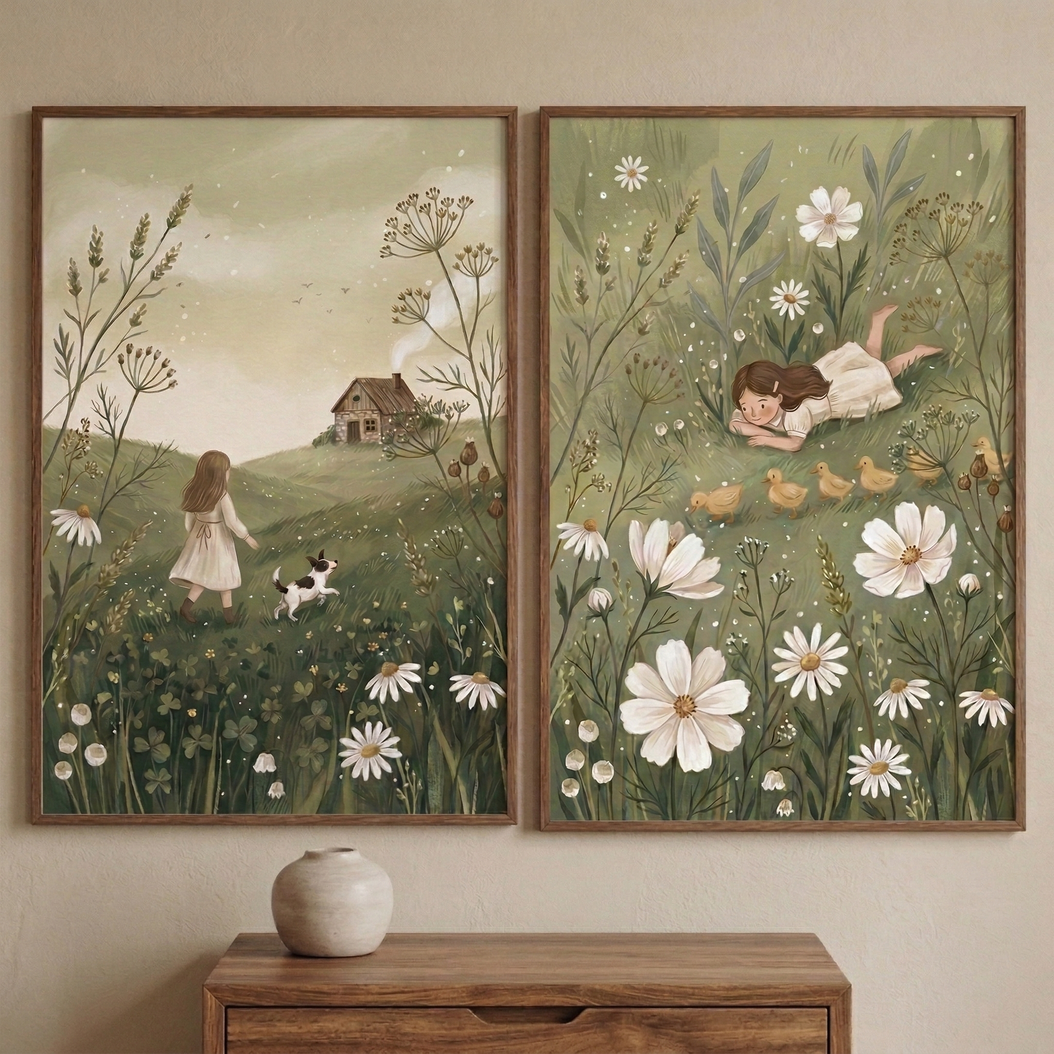 Wildflower Girl Artwork Set of 2 - Whimsical Meadow Days