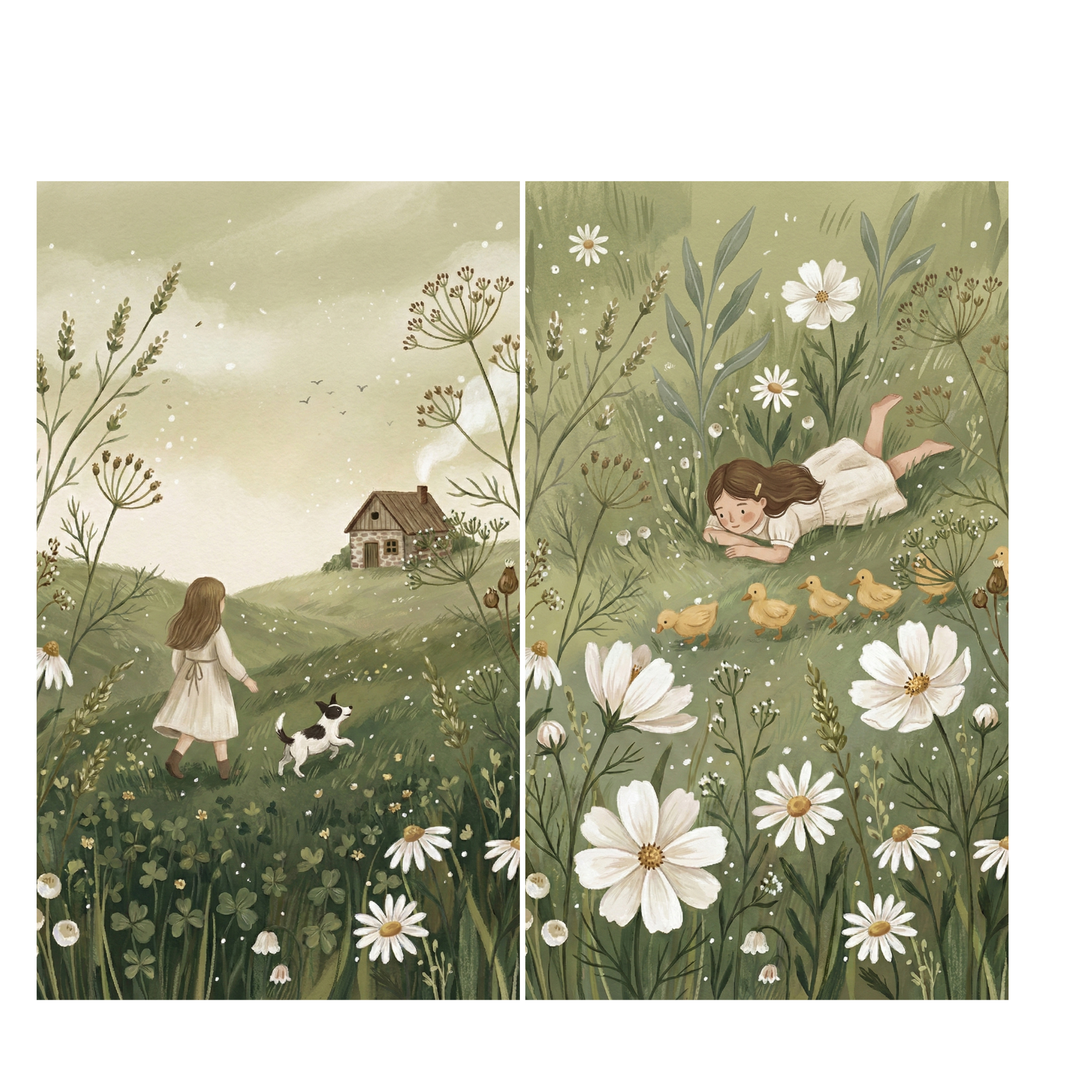 A two-panel illustration in a whimsical, soft-focus style. In the left scene, a girl in a white dress walks through a wildflower-filled meadow with a small black and white dog toward a distant cottage. In the right scene, she lies in tall grass among large white blossoms, watching five yellow ducklings walk by. The color palette is dominated by muted greens and creams, creating a peaceful and nostalgic atmosphere.