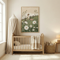 A cozy nursery features a wooden crib with a soft blanket draped over the side, next to a basket filled with plush toys. A large, charming painting of a girl and a piglet in a flower-filled meadow hangs above the crib. Soft natural light filters through a nearby window, illuminating the neutral-toned room.