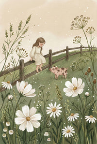 A whimsical illustration of a young girl with long brown hair, wearing a cream-colored dress and sitting atop a wooden rail fence. In the grassy meadow below, a small pink pig with brown spots looks up at her. Large white cosmos and daisies dominate the foreground among tall green stalks and delicate wildflowers. The scene is set against a soft, muted beige background with a gentle, storybook aesthetic and an earthy, pastel color palette.