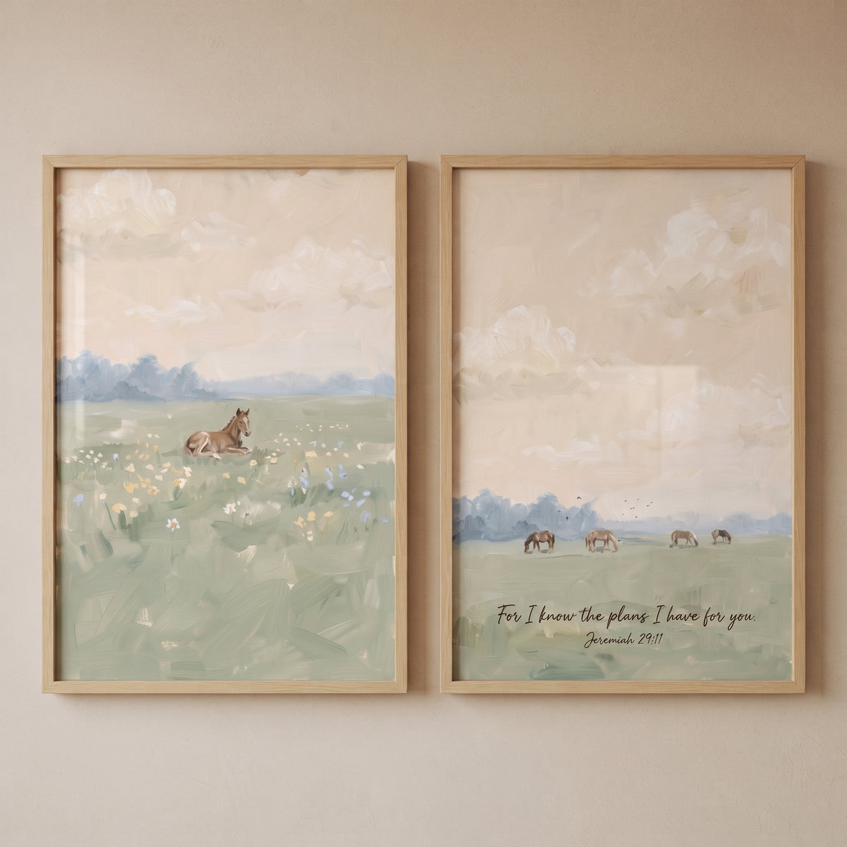 Pastoral landscape impressionist horse wall art set of 2 depicts horses in soft green fields with a biblical verse.