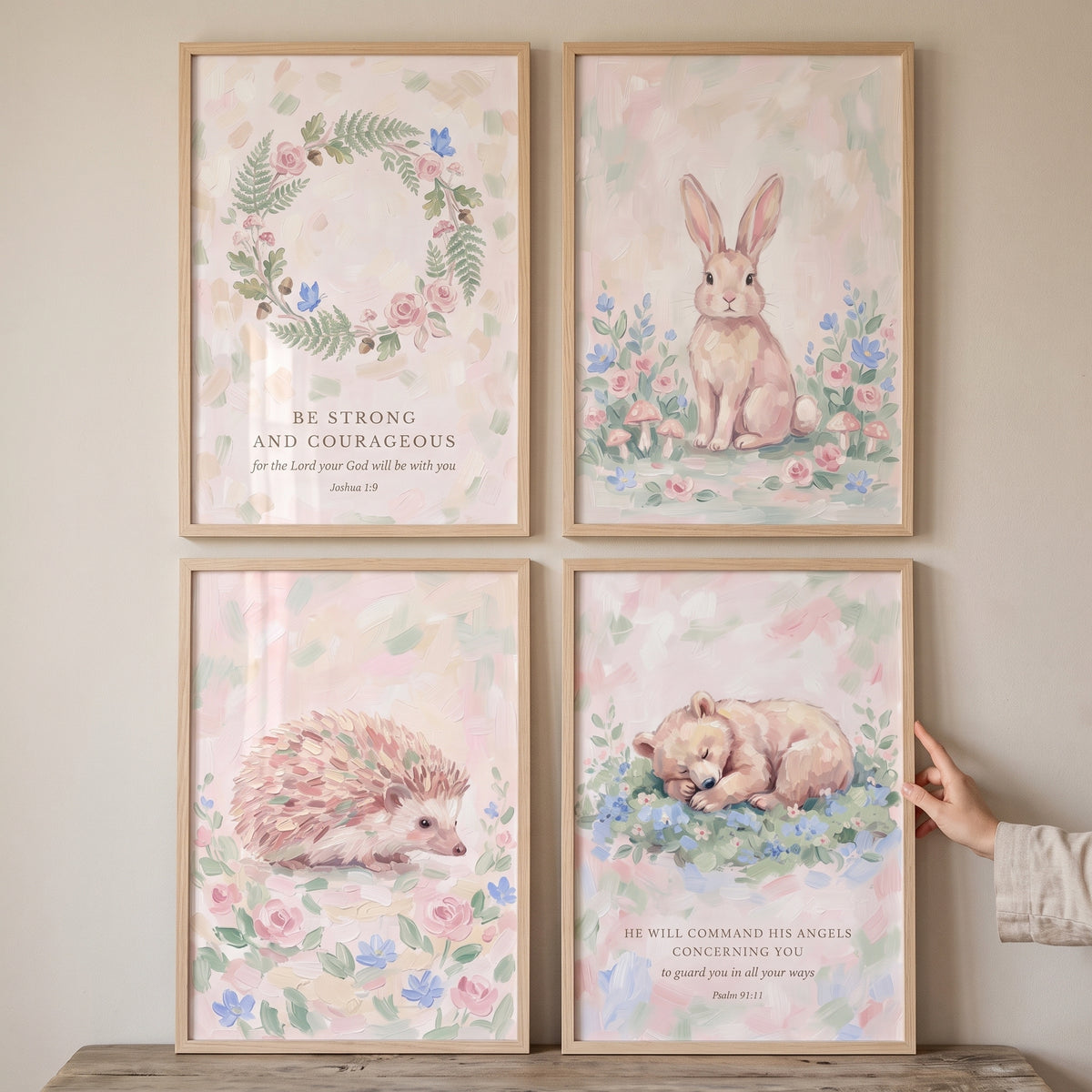 Pastoral Pink Meadow Floral Wall Art Set of 4 - Sacred Woodland Verses