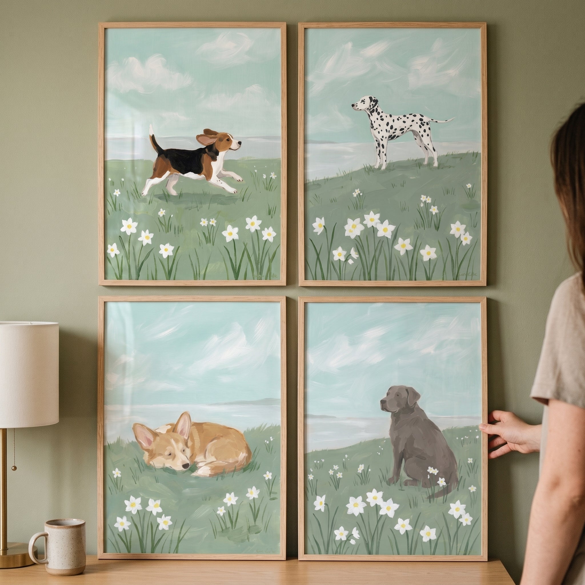 Pastoral Spring Meadow Dog Wall Art Set of 4 - Floral Field Canines