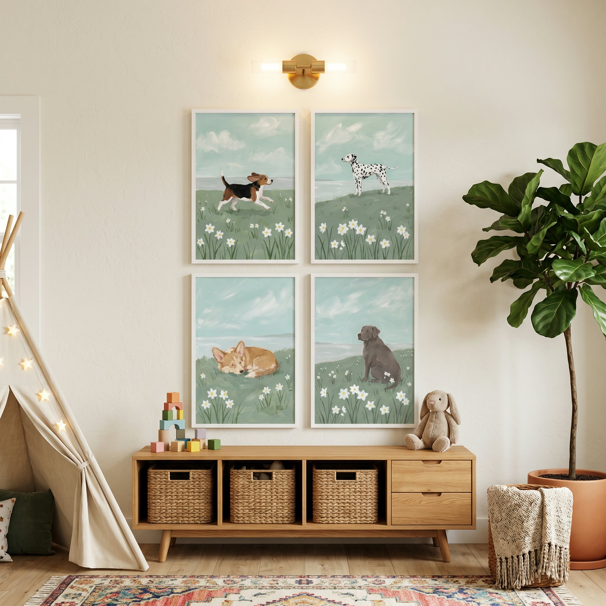 Pastoral Spring Meadow Dog Wall Art Set of 4 - Floral Field Canines