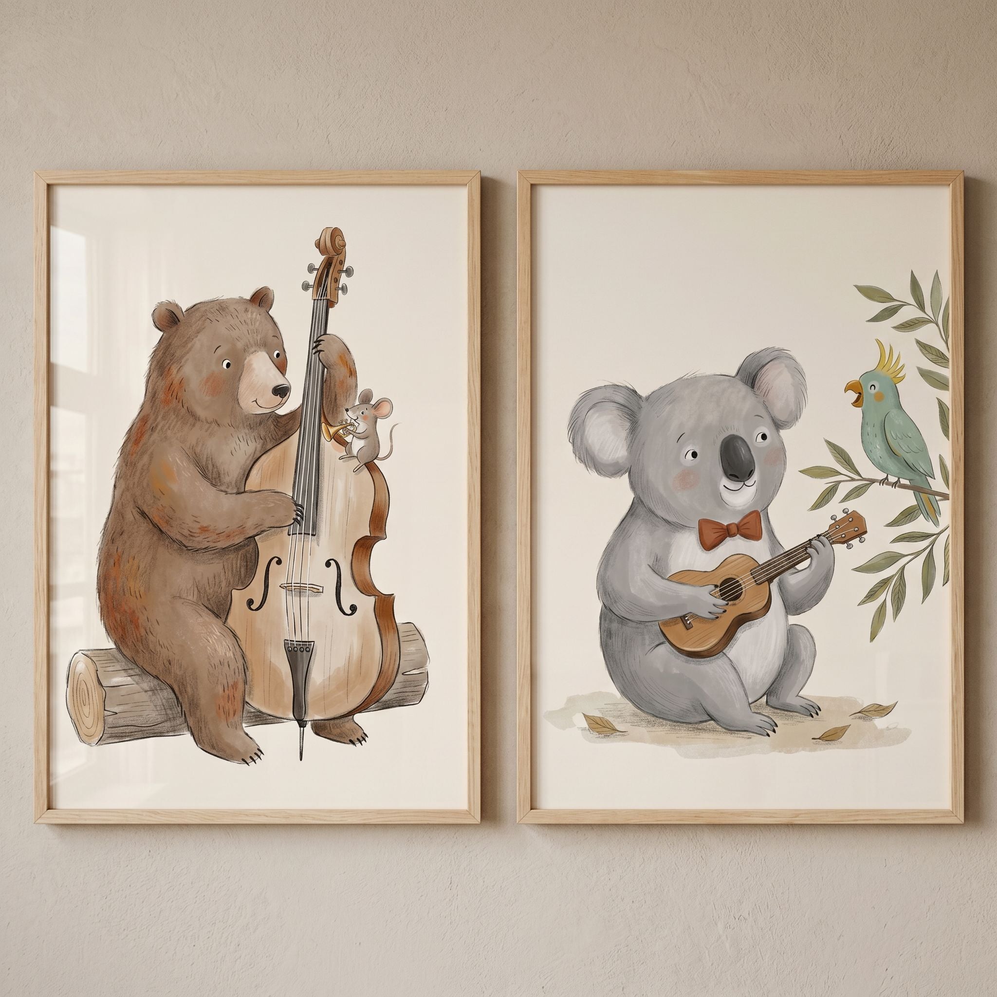 Pastoral Watercolor Musical Animals Wall Art Set Of 2 - Melodic Woodland Harmony