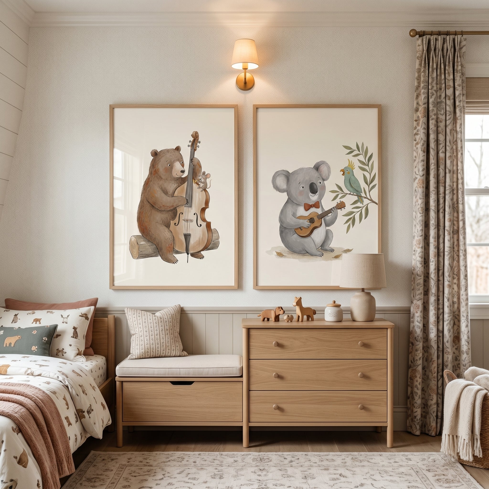 Pastoral Watercolor Musical Animals Wall Art Set Of 2 - Melodic Woodland Harmony
