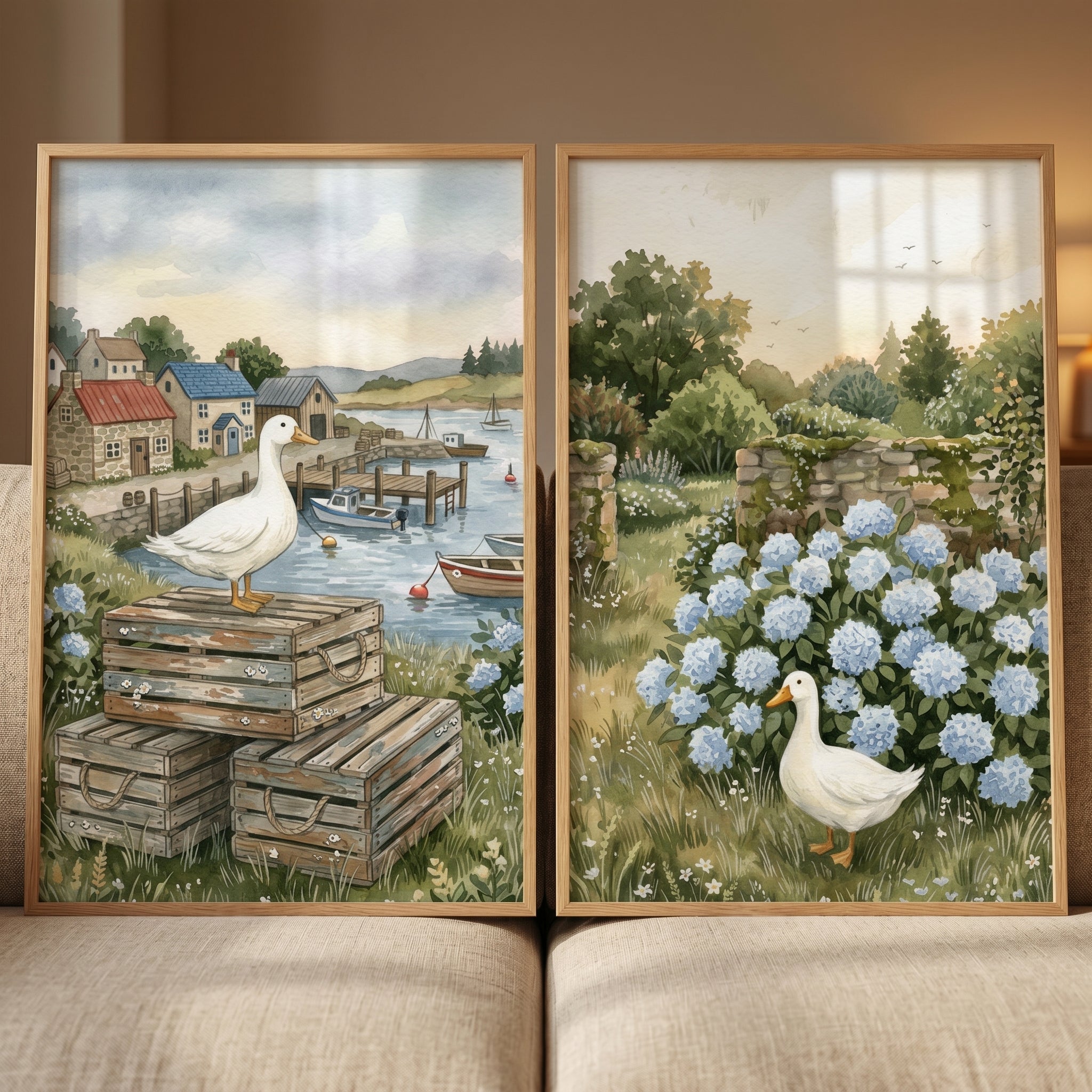 Pastoral White Duck Wall Art Set of 2 - Harbor And Hydrangeas