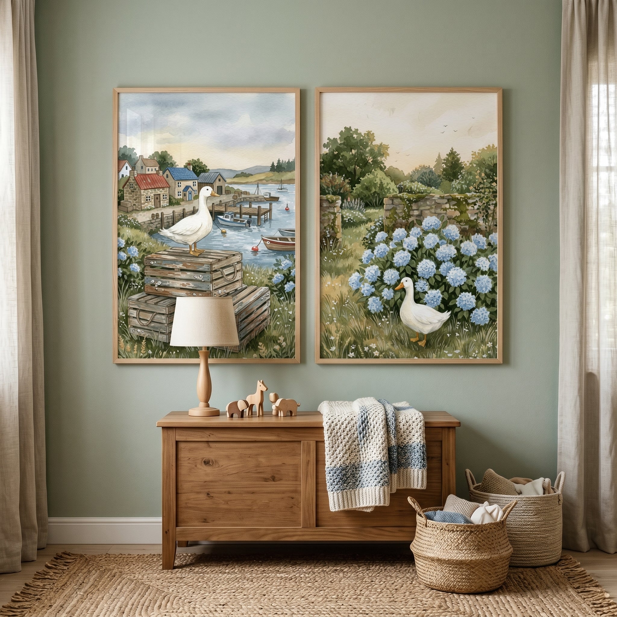 Pastoral White Duck Wall Art Set of 2 - Harbor And Hydrangeas