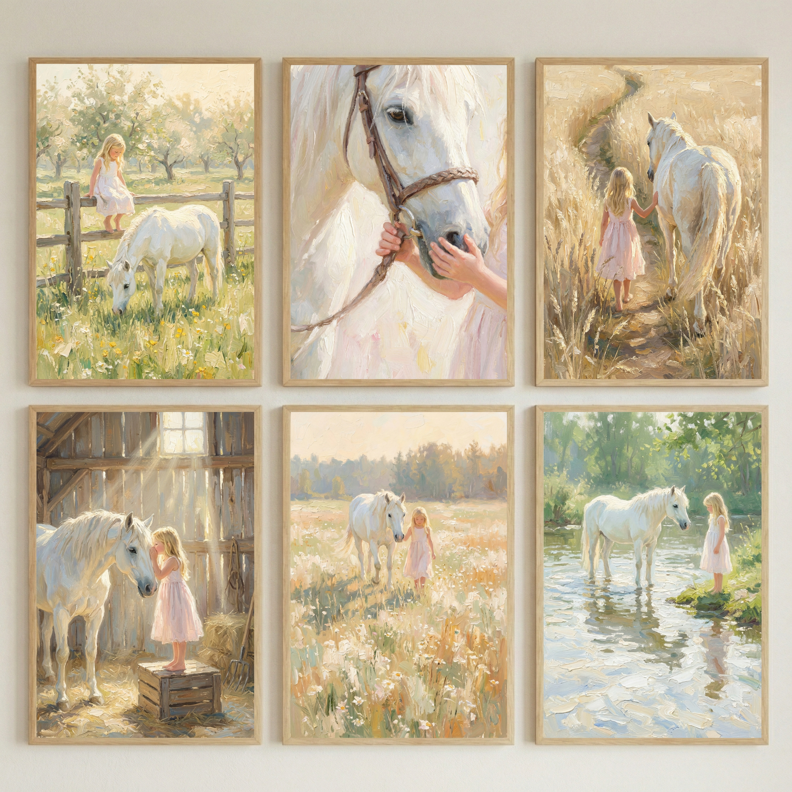 Six soft pastel style paintings arranged in a grid show a young blonde girl in a pink dress interacting with a white horse in peaceful countryside scenes including a meadow fence a wheat path a sunlit barn a flower field and a shallow stream. The scenes show the girl feeding petting walking beside and quietly standing with the horse in warm golden natural light.