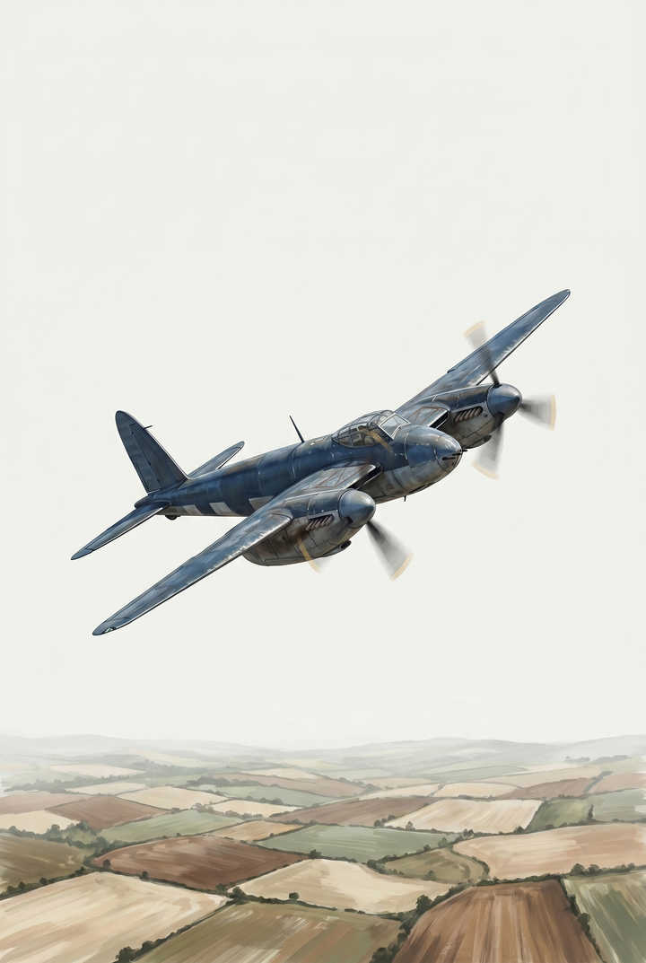 A blue twin-engine airplane flies above a landscape of patchwork field vintage airplane wall art.