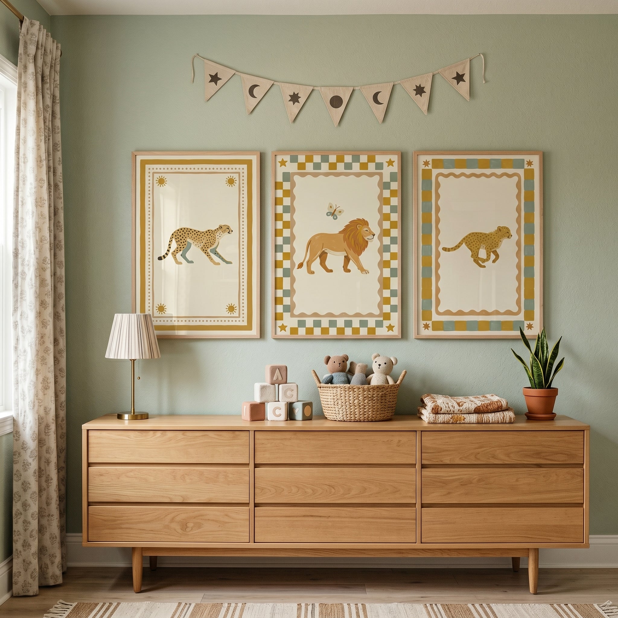 Patterned Border Safari Animal Wall Art Set of 3 - Golden Savanna Trio