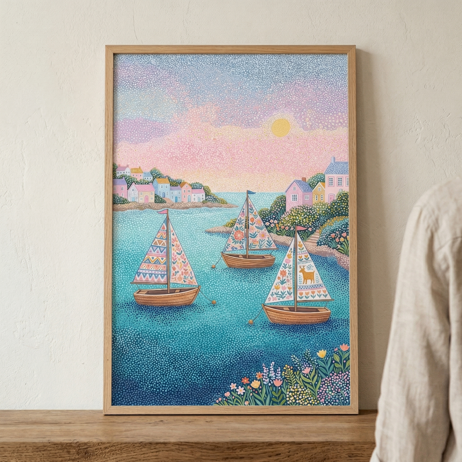 A framed vertical illustration sits on a rustic wooden shelf against a textured off-white wall. The artwork, created in a meticulous pointillist style using thousands of tiny dots, depicts a serene coastal scene at sunrise or sunset.
In the foreground, a vibrant blue sea is rendered with varying shades of azure and teal dots. Three small wooden sailboats with intricately patterned sails float on the water. 