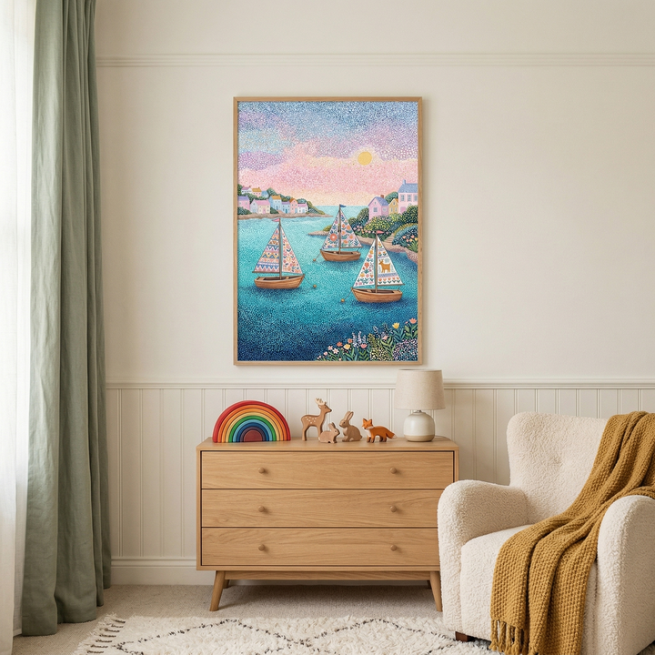 A bright and airy room features a large, wood-framed coastal scene as a focal point on a light-colored, paneled wall. The artwork is created in a pointillist style, using many small dots of color to depict three sailboats with patterned sails on a vibrant blue sea. In the background, pastel houses sit along the shore under a pink and lavender sky with a yellow sun. Below the framed piece is a light-toned wooden dresser with three drawers. 
