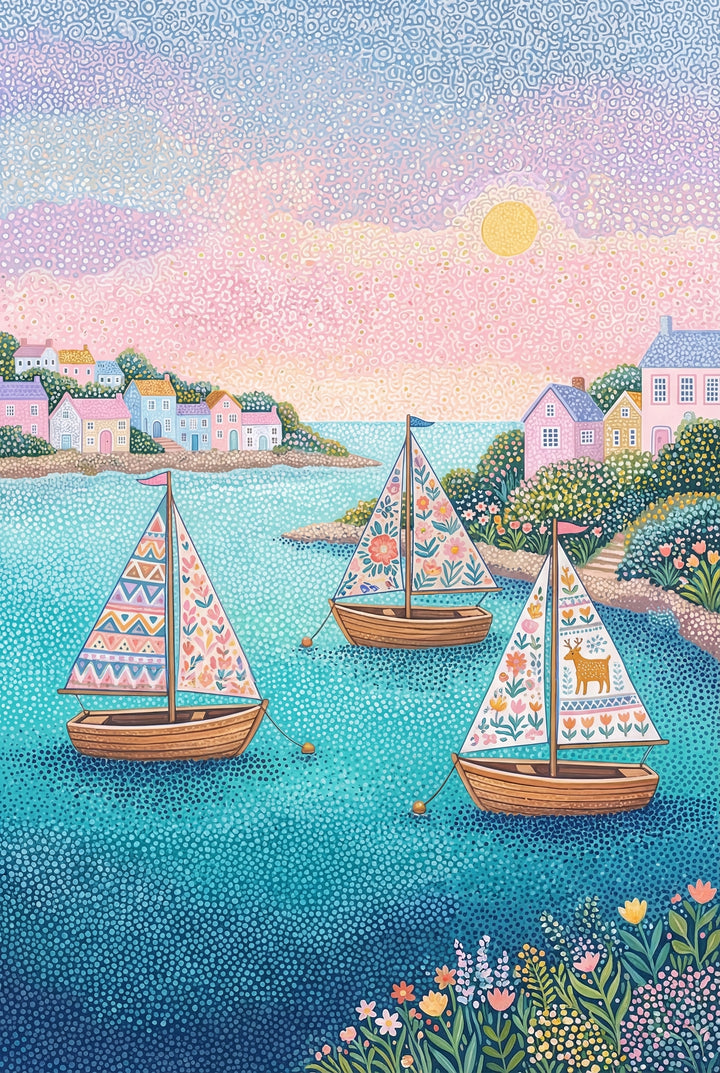 Pastel coastal wall art featuring three small sailboats floating in bright turquoise water with patterned sails covered in flowers and geometric designs. A row of candy colored seaside houses sits along the shore under a pink and lavender sunset sky filled with tiny dotted details.