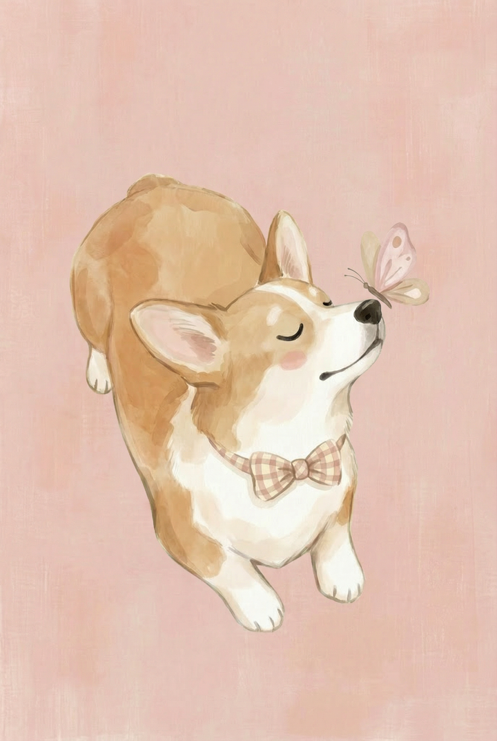Soft illustration of a small brown and white dog with a bow tie looking up at a butterfly near its nose against a blush pink background. The rounded shapes and pastel tones create a playful and sweet character.
