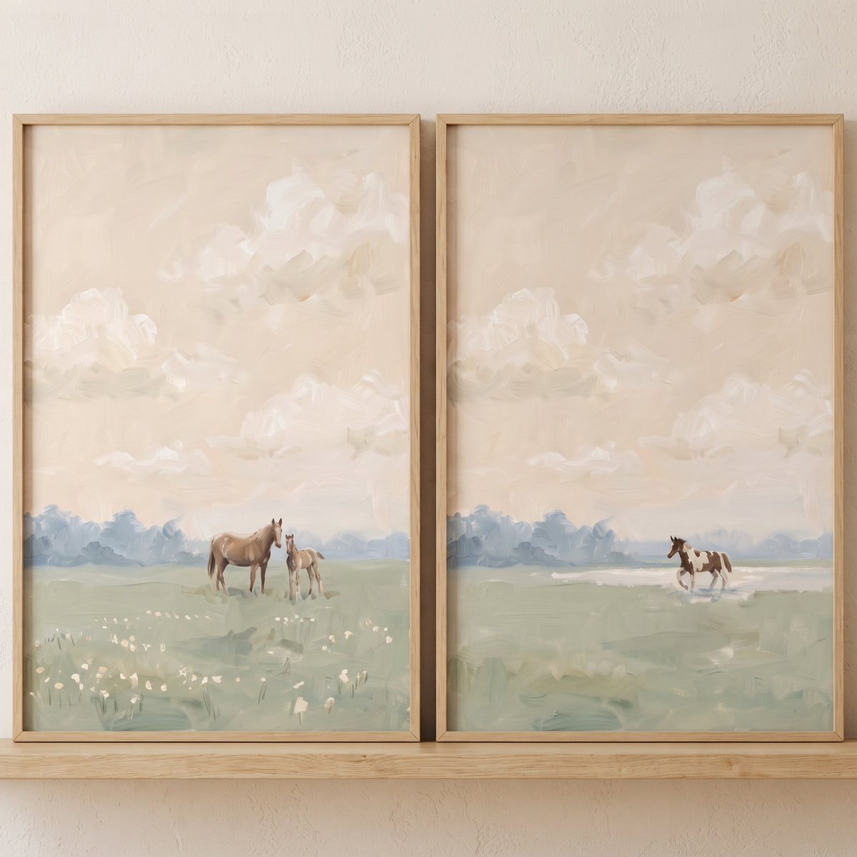 A mare, foal, and pinto horse in a meadow; a peaceful cloudy sky horse wall art set of 2 in wood frames.