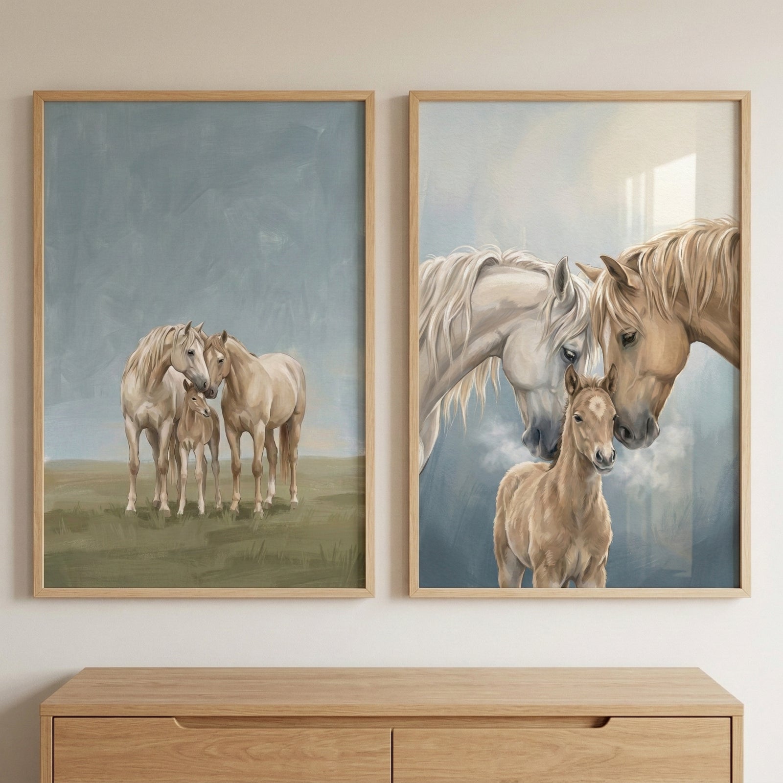 A pair of vertical, light-wood framed illustrations hanging side-by-side on a minimalist, cream-colored wall above a light-oak wood cabinet. The illustration on the left depicts a serene scene of three horses—two adults and a small foal—standing in a muted green field under a large expanse of soft, dusty blue sky. The illustration on the right is a close-up portrait of two adult horse heads, one light grey and one tan, leaning in towards a young tan foal in a tender.